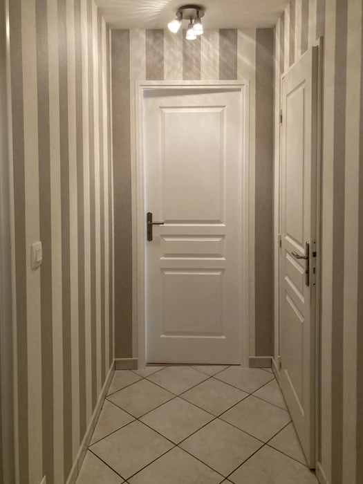 Intérieur moderne avec porte en bois massif teinte acajou, design contemporain à panneaux horizontaux et inserts vitrés translucides