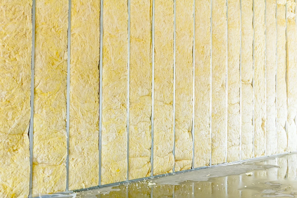 Ouvrier en équipement de protection individuelle installant l'isolation thermique dans une construction résidentielle