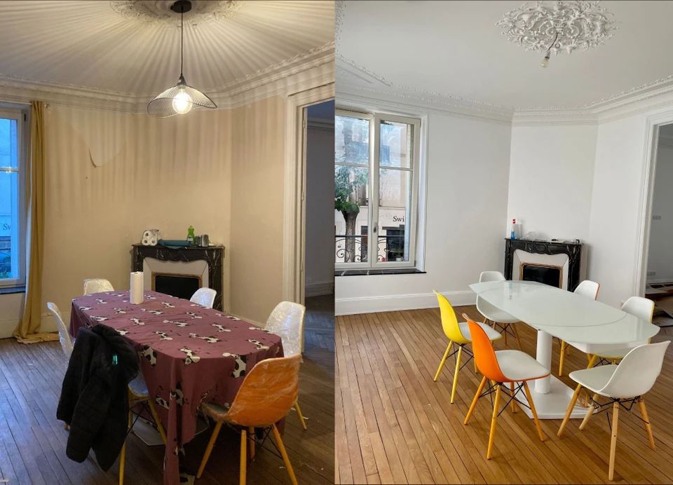 Intérieur résidentiel avec ouvrier effectuant le ponçage d'un parquet en chêne à motif chevron