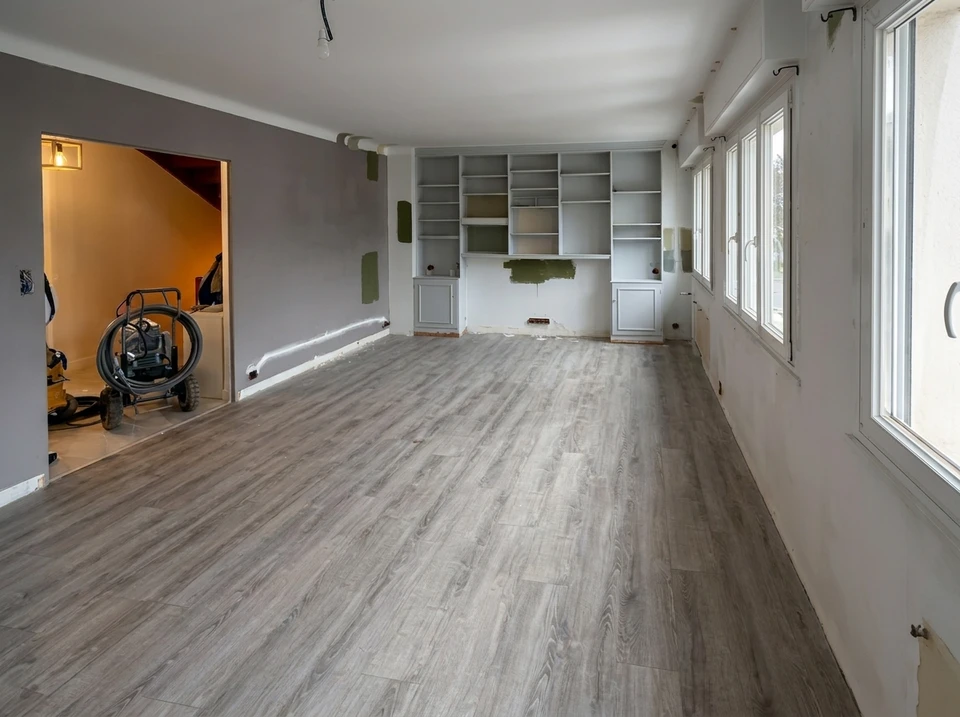 Intérieur résidentiel avec sol en parquet massif chêne naturel disposé en motif chevrons et damier