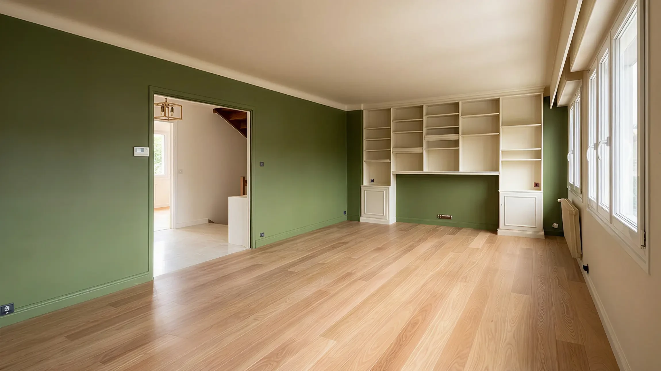 Intérieur résidentiel présentant un sol en parquet massif chêne disposé en motif chevron ou point de Hongrie